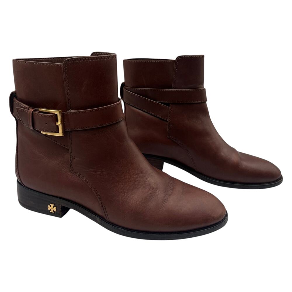 Tory Burch Ankle Boots Booties Brooke Buckled Strap Leather Brown Size 7 M